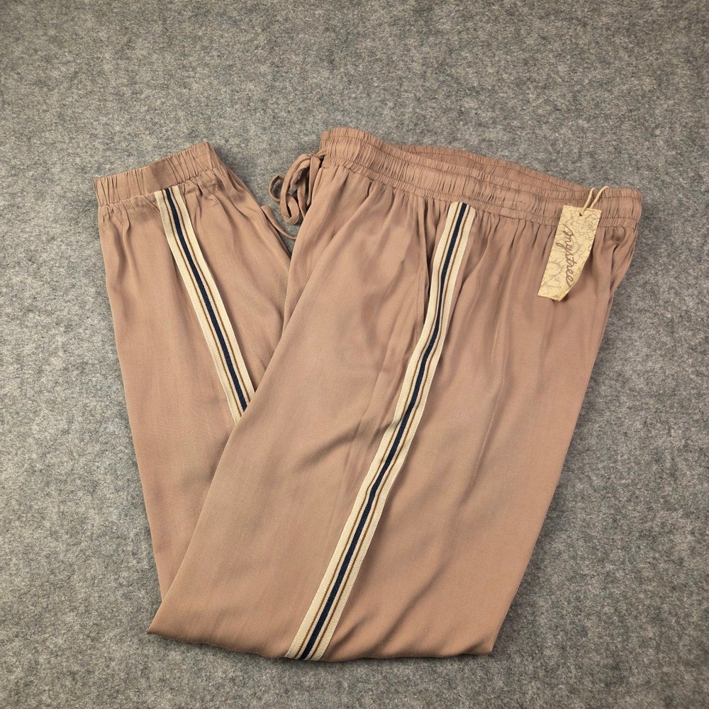 Mystree Sz L Womens Mauve Taupe Side Stripe Jogger Pants Lightweight Rayon 19296